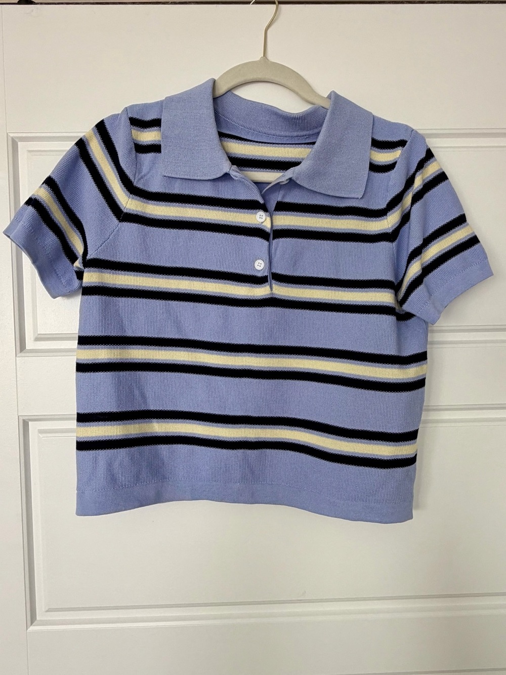 Light Blue Striped Knit Polo Crop Top